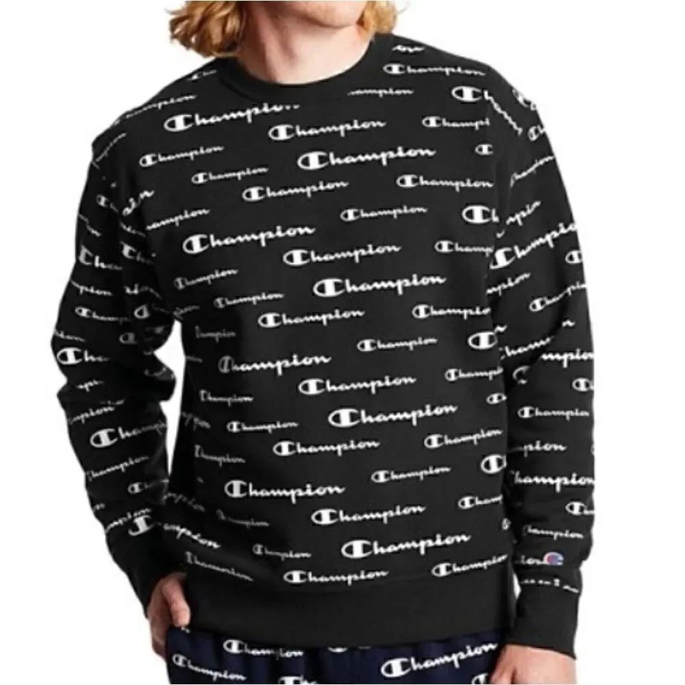 Champion Black White Men's Powerblend AOP Crewneck Logo Sweatshirt XL